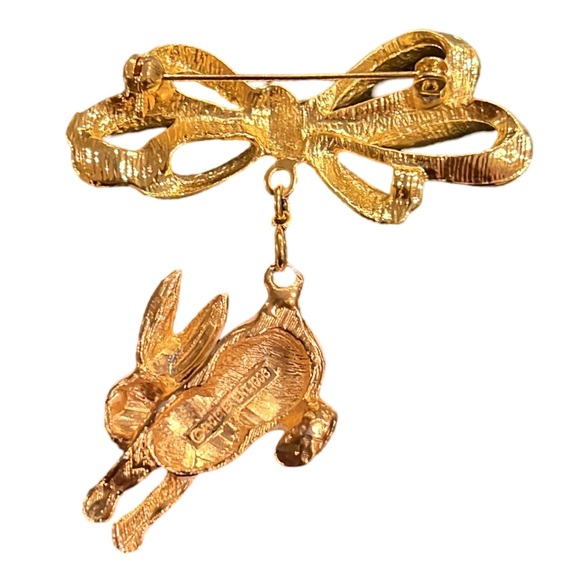 1996 Phister ENT gold tone bow brooch & White Bunny Rabbit charm rhinestones - Picture 4 of 5